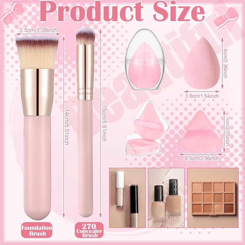 ProSuites 6Pcs Foundation Brush for Liquid Makeup,Liquid Foundation Brush with Makeup Sponge and Powder Puff for Foundation, Powder, Blush,Concealer(Pink) - Image 2
